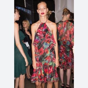 Jason Wu Collection Multicolored Watercolor Ruffled Chiffon MIDI Halter Dress 4
